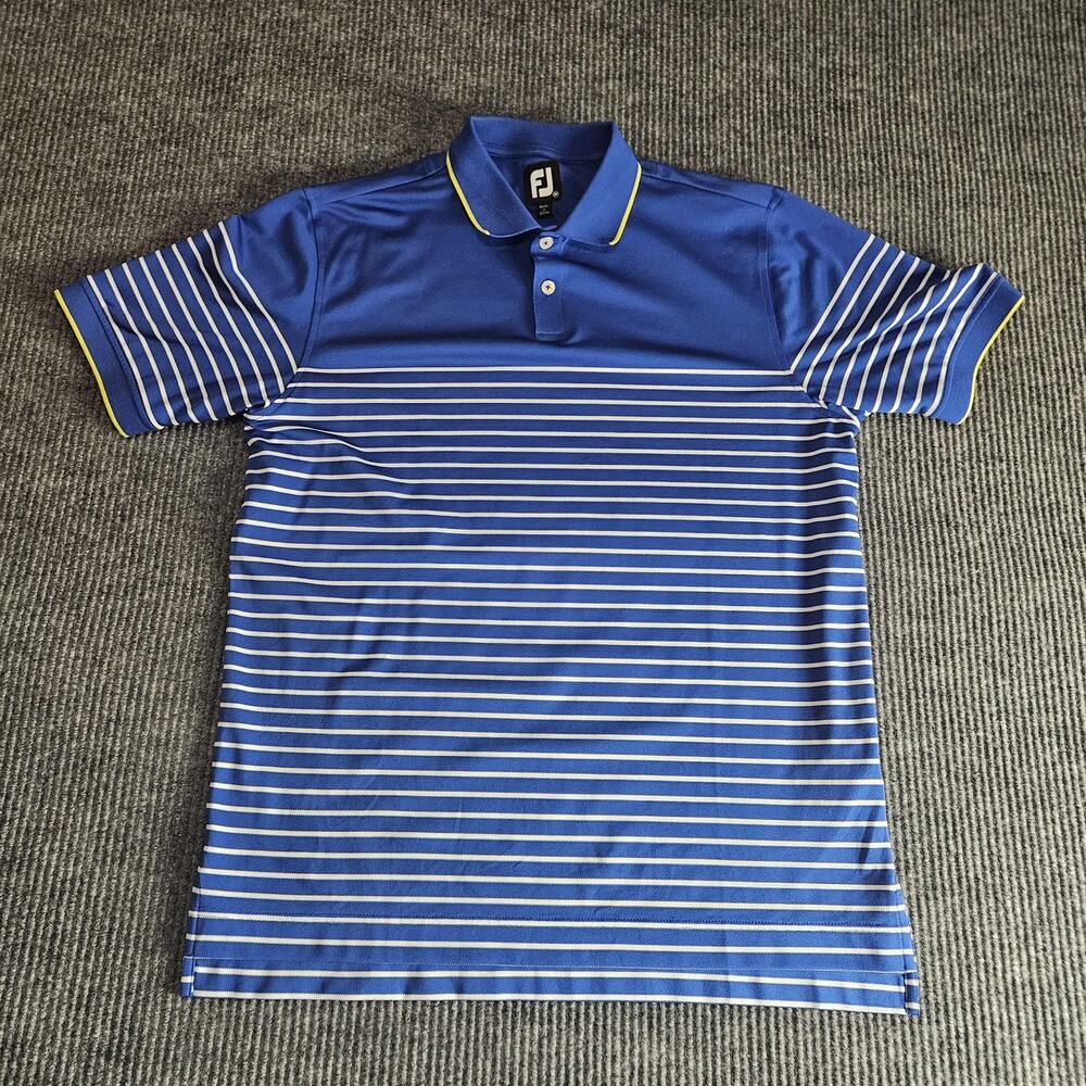 FootJoy Polo Shirt Mens‎ Medium Blue White Striped Golf Yellow Trim Performance